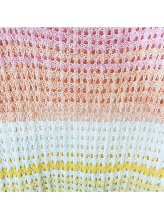 TALBOTS Pastel Rainbow Stripe Crochet Sheer Pullover Sweater Mp Cotton Coastal - Picture 4 of 5